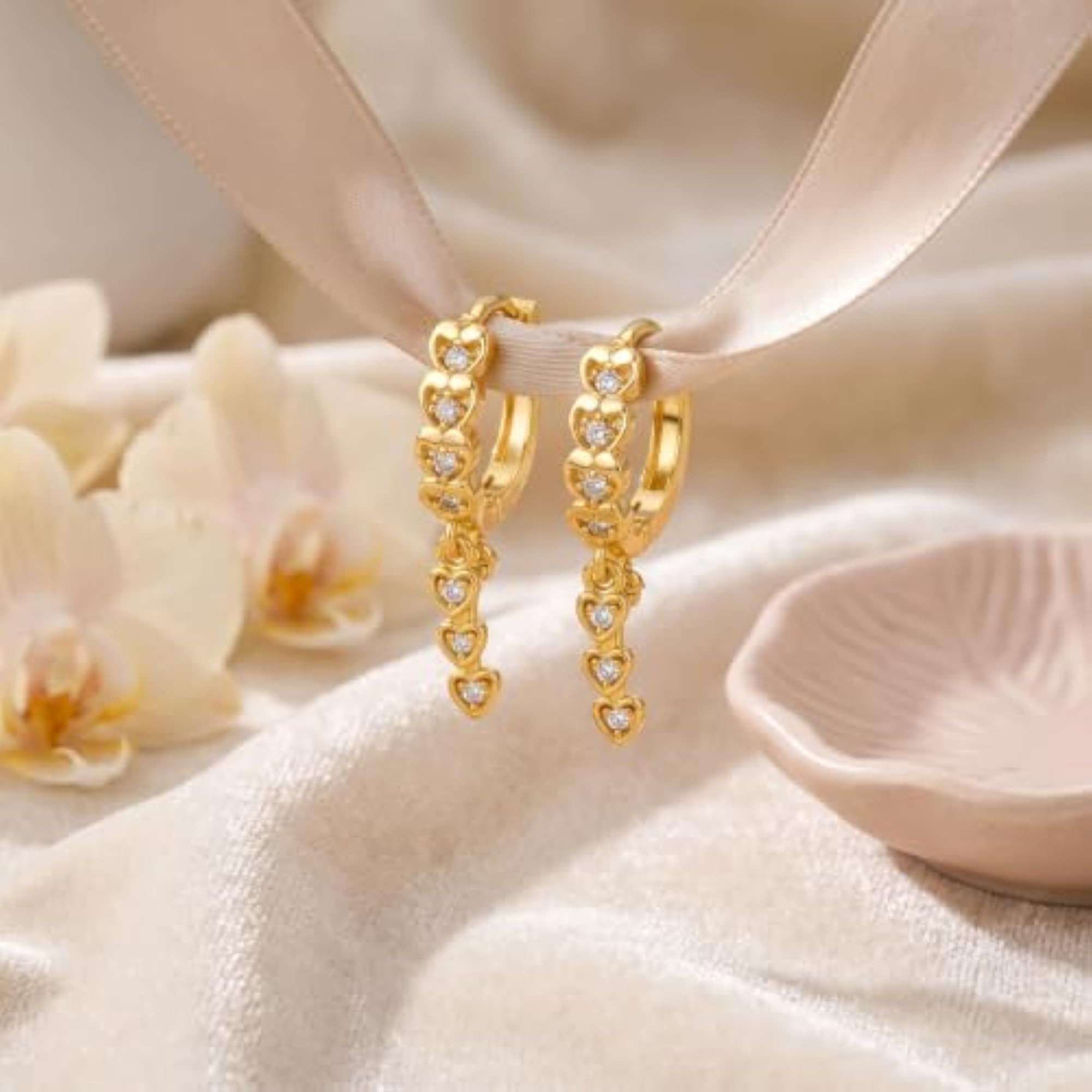 Women's Gold Heart Hoop Earrings with Dangling Charm